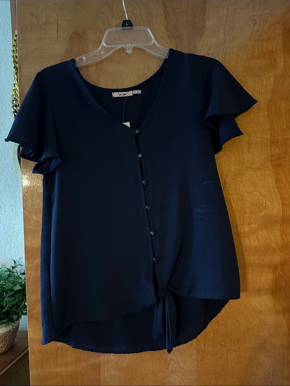 Francesca's Navy Button-Tie V-Neck Blouse